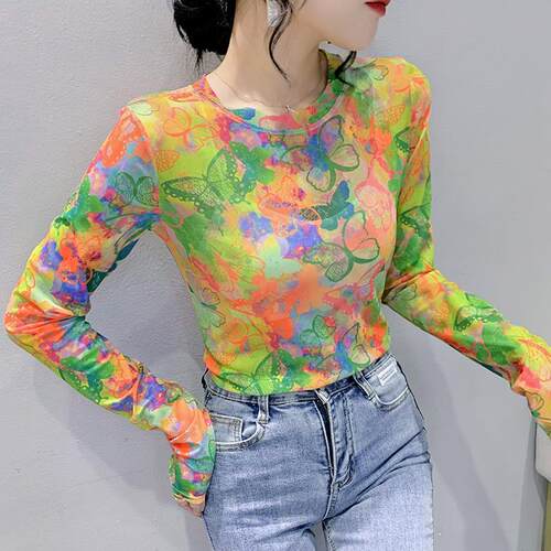 夏季薄款网纱防晒打底衫彩色印花长袖t恤女春夏新款洋气冰丝上衣