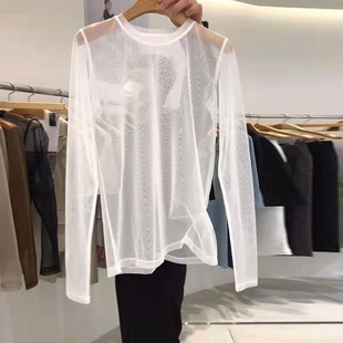 内搭上衣爆款 性感打底衫 白色防晒纱衣网纱长袖 新款 T恤女2025夏季