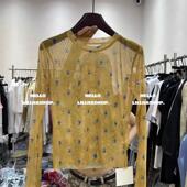 网纱薄款 韩国东大门夏季 T恤女修身 撞色花朵长袖 透视打底上衣 新款