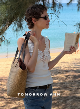 2026早春新款TOMORROW ANN法式拼接蕾丝绣花V领背心女无袖上衣T恤