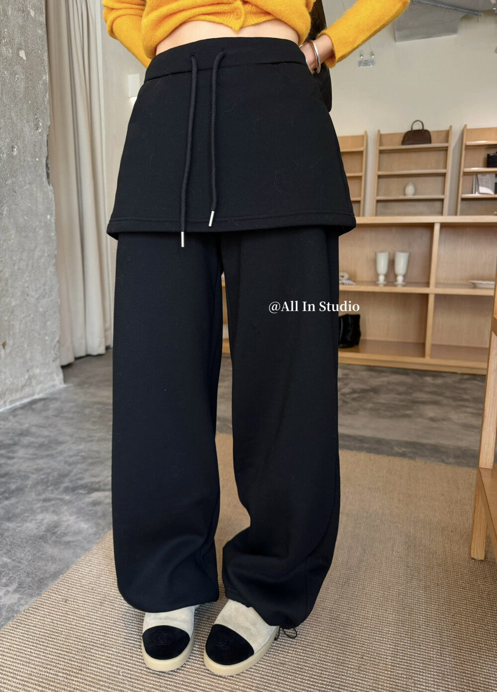 2025冬季ALL IN韩系假两件直筒加绒灰色屁帘裤阔腿休闲卫衣裤长裤