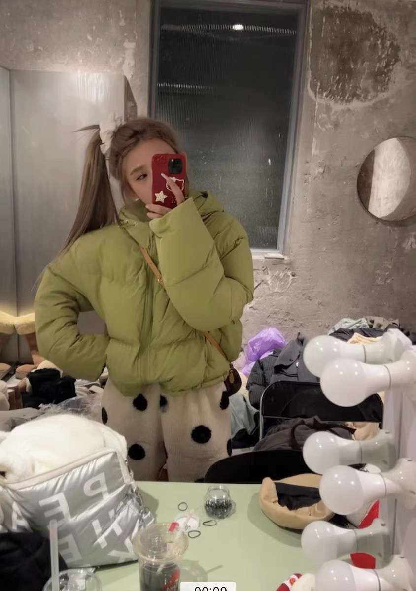 2024冬季财神家GOD韩版绿色短款棉衣服加厚保暖面包服连帽外套女