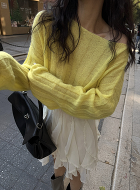 2025春装BF.SUDDEN WEALTH韩版柔软亲肤设计长袖漏肩针织衫毛衣女