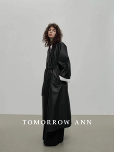 TOMORROW大衣2024秋季欧美高级感定制面料大领子长款风衣皮衣外套