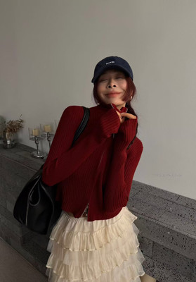 百搭纯色针织开衫双拉链毛衣女