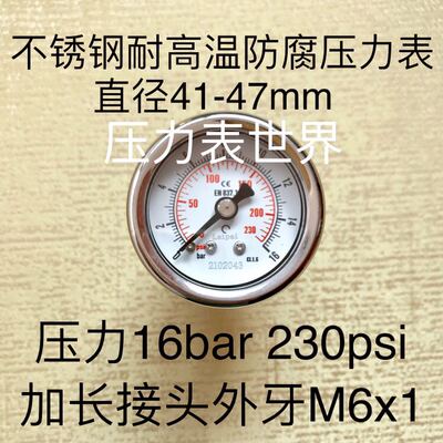 16bar 230psi 4cm不锈钢防腐耐蚀耐高温压力表 轴向背接 螺纹M6x1
