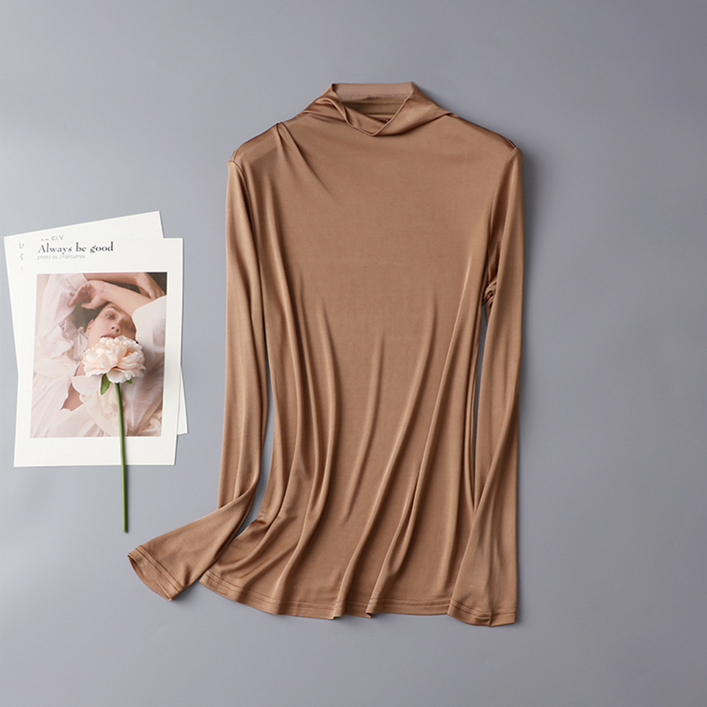 2025新款真丝半高领蚕丝打底衫女上衣修身百搭长袖T恤真丝肌底衫,女装/女士精品,真丝上装,淘宝优惠券,粉丝福利购,淘宝优惠卷