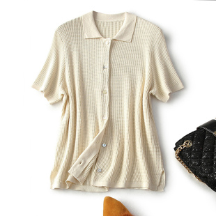 百搭T恤薄款 真丝羊绒短袖 polo领华夫格衬衫 法式 绿色上衣潮 针织衫