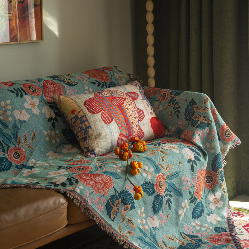 美式乡村大尺寸沙发毯防猫抓露营毯子桌布田园风防滑单人沙发盖布