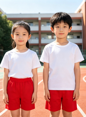 六一儿童白色短裤纯棉男童中裤五分裤红色小学生表演服女夏季运动