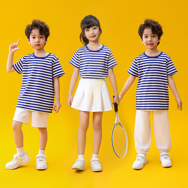 国庆儿童海军演出服 蓝白条纹短袖t恤男童女童海魂衫幼儿园小学生