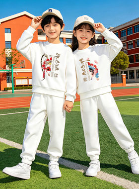 脸谱京剧儿童白色卫衣套装春秋 幼儿园小学生运动会多巴胺演出服
