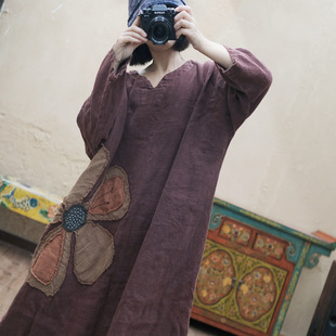 2022春秋高端亚麻袍子文艺手绣贴花宽松禅意复古国风大袍连衣裙