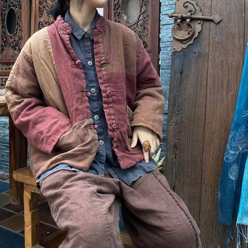 秋冬亚麻短款小棉袄水洗做旧炒色对襟宽松拼色复古棉服夹棉外套女