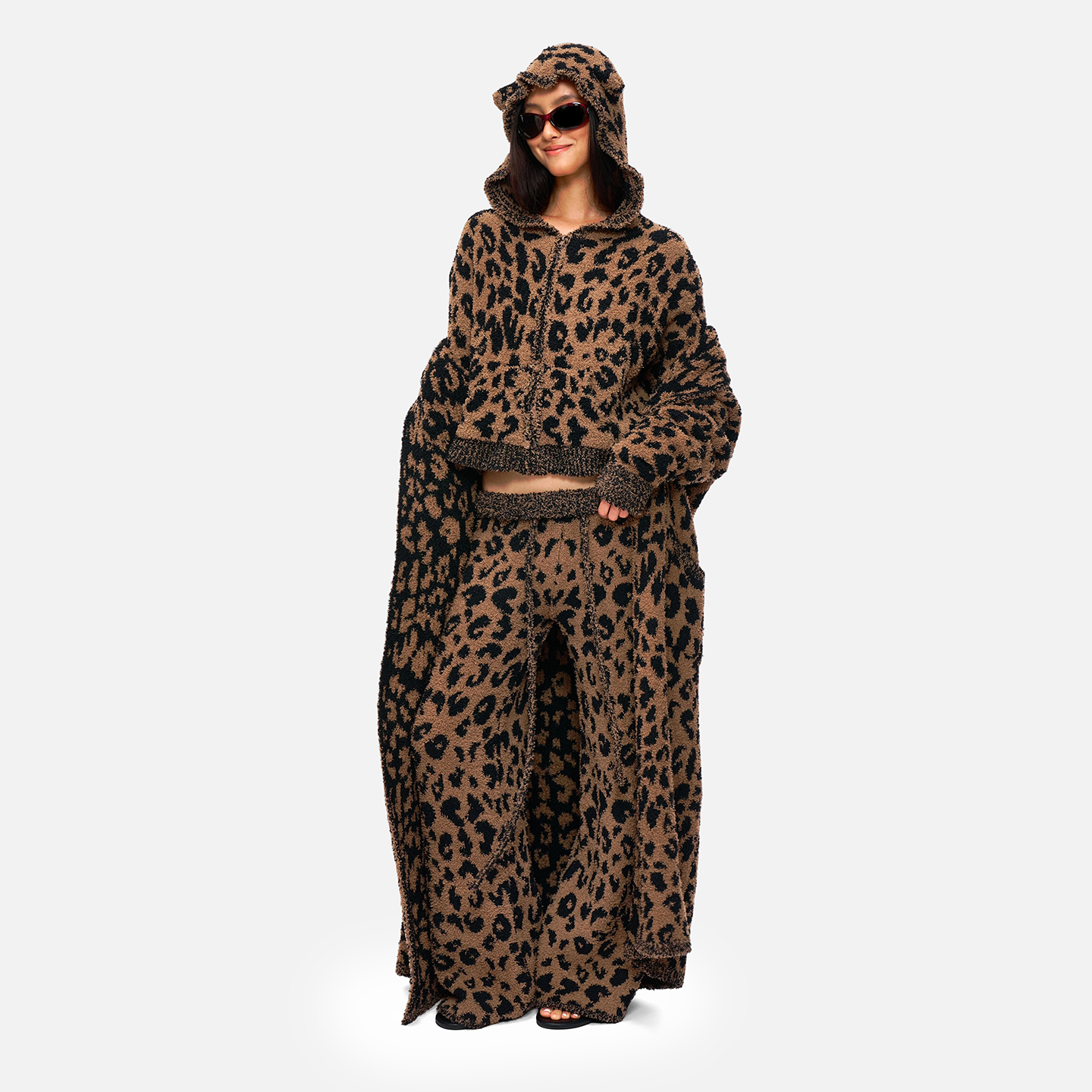 松弛冬日毛茸茸豹纹外套长裤套装