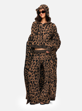 ‘Chill Time’松弛冬日豹纹毛茸茸小耳朵连帽外套长款开衫宽松裤