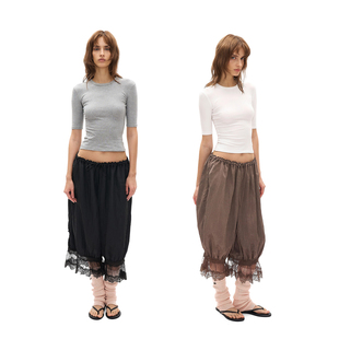 夏季 新 info’加勒比躺岛中’博主明星嬉皮浪漫蕾丝边褶皱7分裤