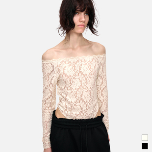 no info 内搭外穿都惊艳的一字肩连体蕾丝长袖上衣2025秋冬新款女