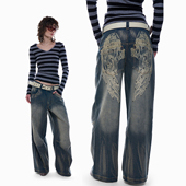 辣妹翅膀刺绣复古直筒做旧牛仔裤 INFO‘反社会精神价值’美式