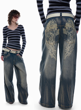 NO INFO‘反社会精神价值’美式辣妹翅膀刺绣复古直筒做旧牛仔裤