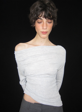 NO INFO 为杂志撰稿的女人 精纺修身两穿一字露肩针织衫早秋上衣