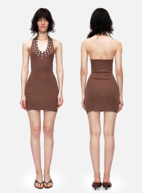 no info‘精神上的放松’u领贝壳珠片修身度假针织露背连衣裙短裙