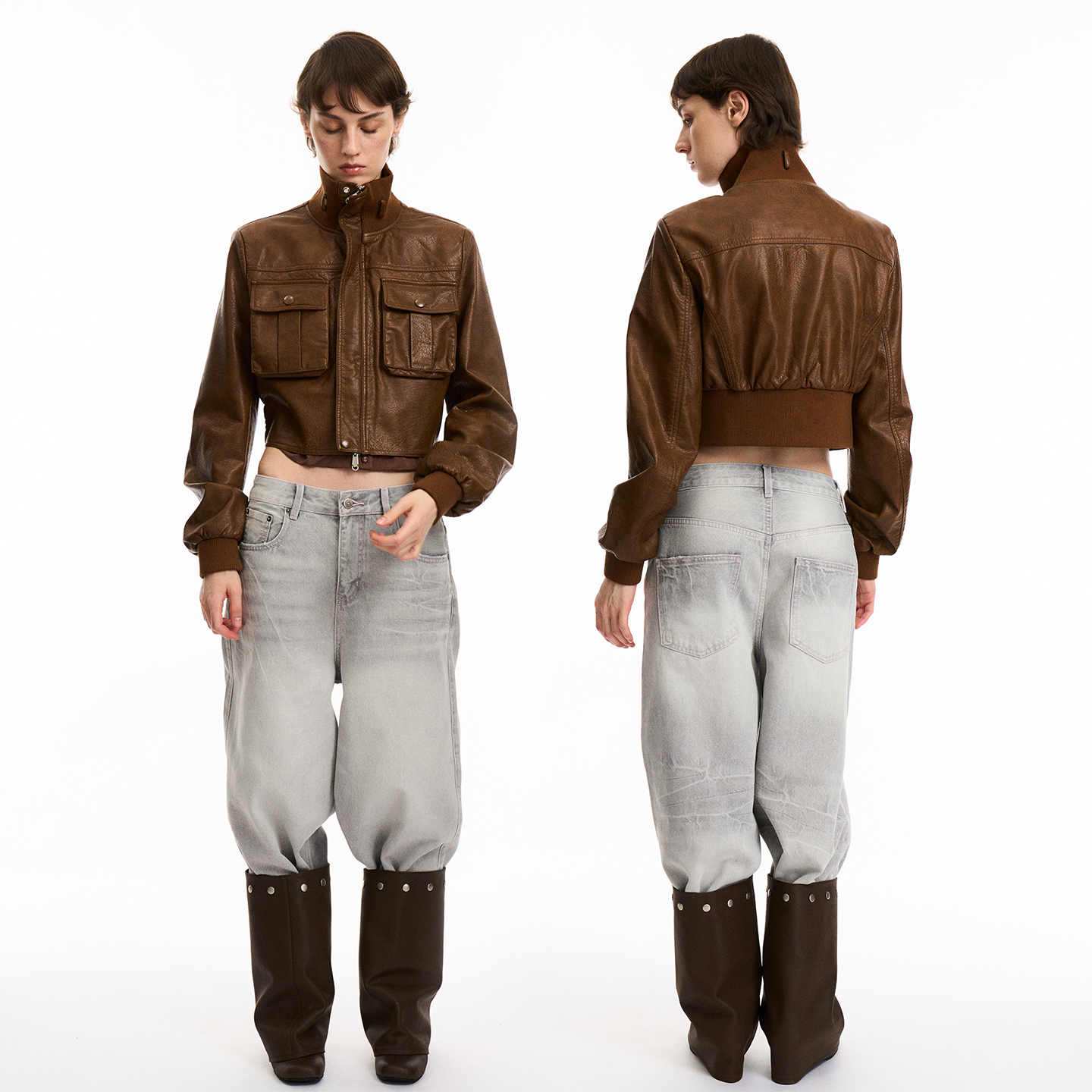 美式复古拉美短款口袋皮夹克外套