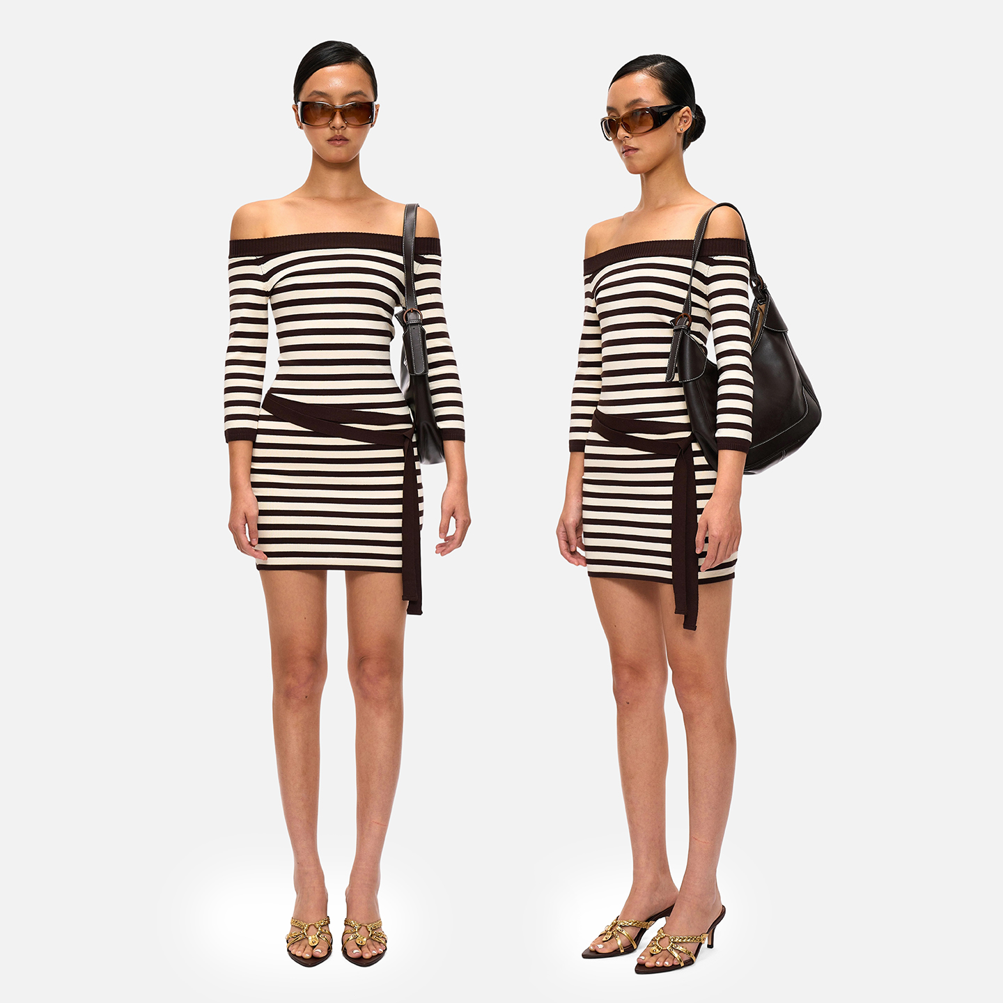 bella同款针织一字肩条纹连衣裙