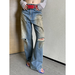 2025秋冬新款 自然日常的缺憾感 小众做旧磨损破口复古直筒牛仔裤