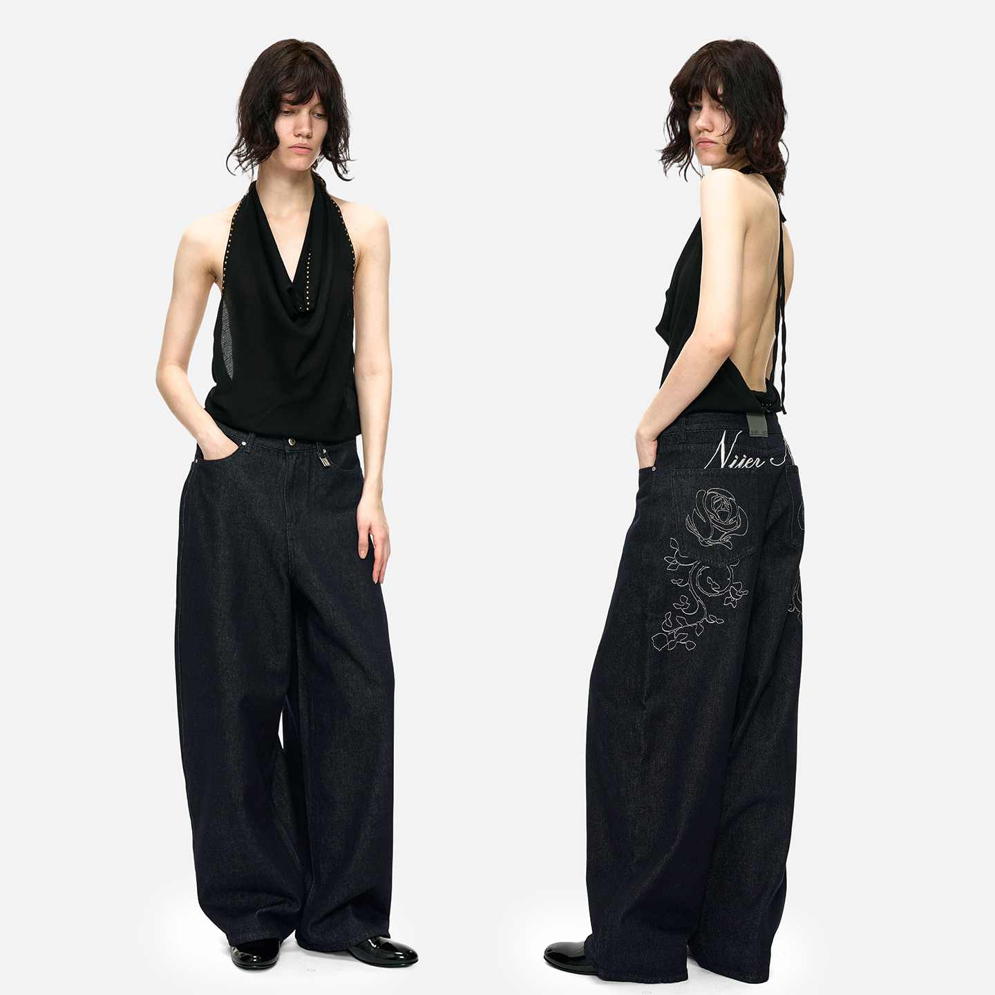 甜酷欧美刺绣玫瑰高腰宽松牛仔裤