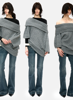 no info‘日杂千禧年富家女‘露肩纯欲毛衣罩衫秋冬新款女灰黑2色