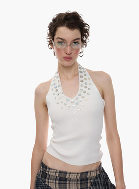 no INFO经典美感贝珠饰挂脖v领针织露背上衣吊带背心女2025新款