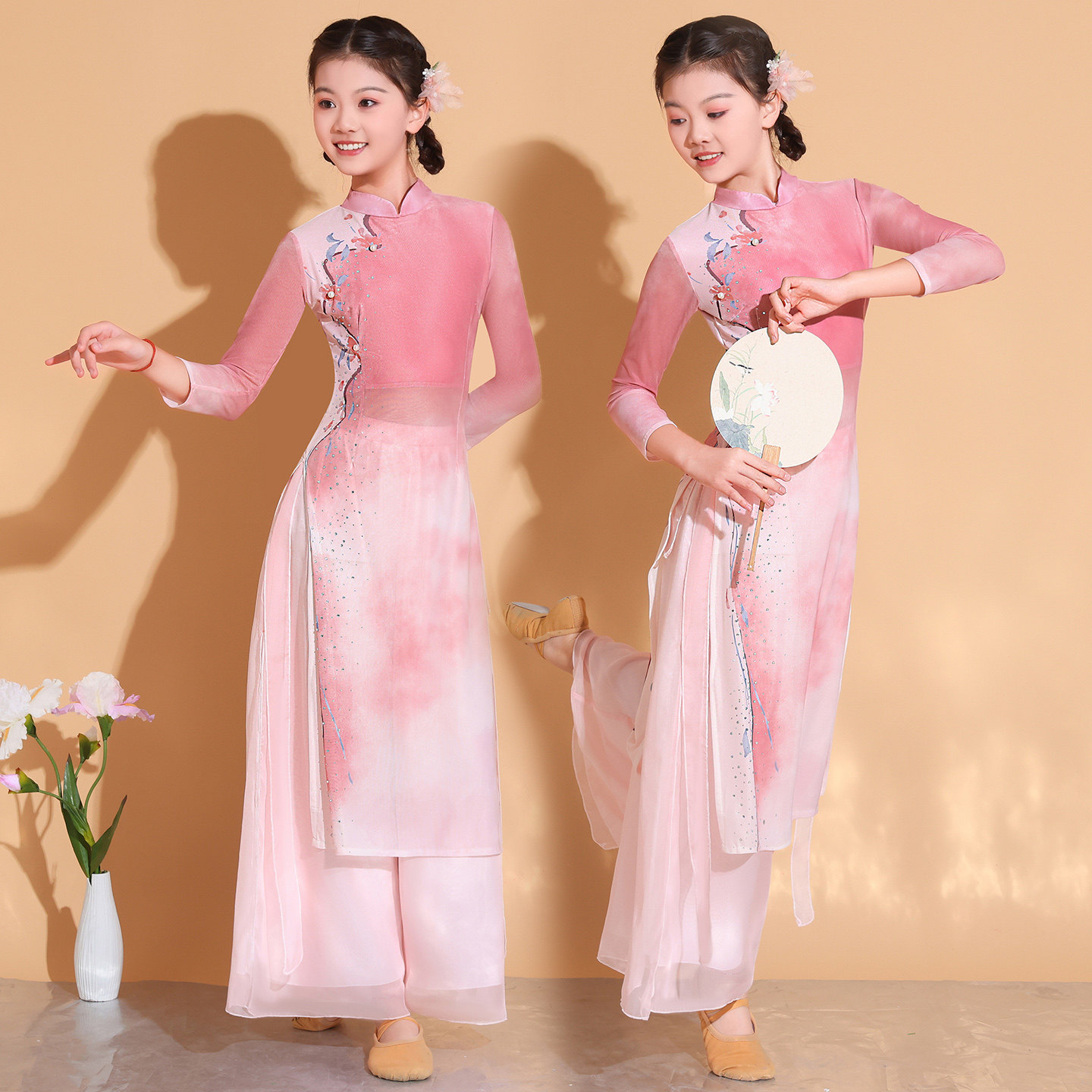 立春古典舞演出服女童练功服中国风纱衣身韵表演服粉色国风旗袍夏