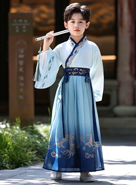 儿童汉服男童古风国学服蓝色书童演出服中国风表演服2026新款春季