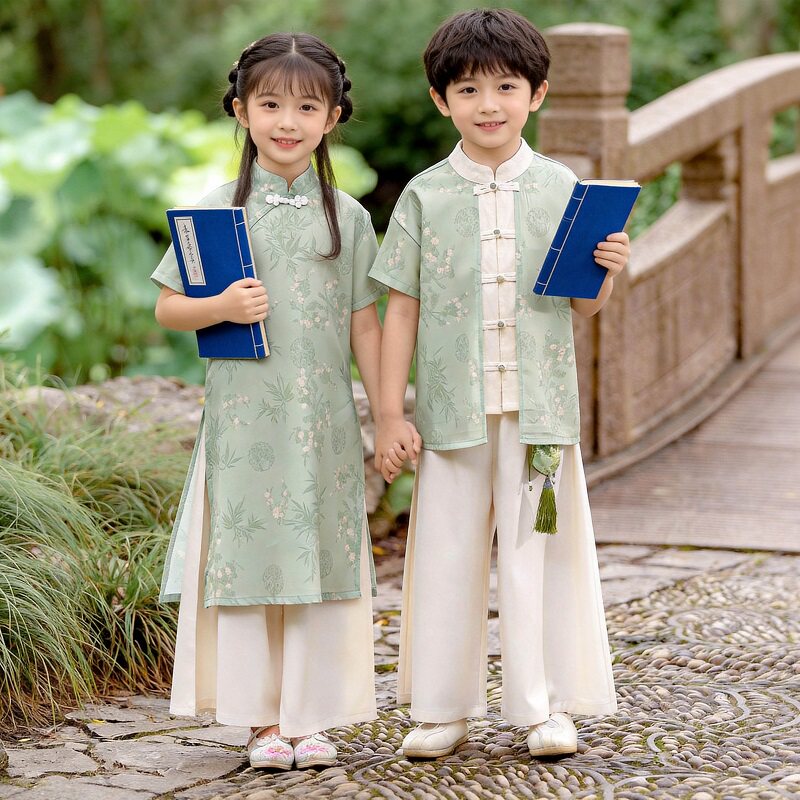儿童中国风演出服男女童汉服唐装长袖表演服装幼儿班服朗诵合唱服