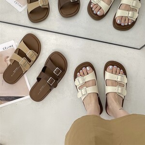皮带扣拖鞋女2024年夏百搭学院风复古港风平底一字带学生外穿凉拖