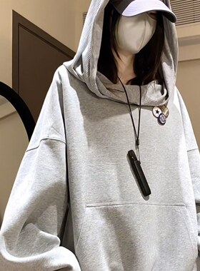 美式风灰色连帽卫衣女秋冬加绒宽松慵懒风设计感外套