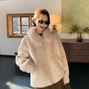 领长毛毛季羊羔毛休闲拉保温柔风米白色毛袖外套女冬韩系链暖上衣