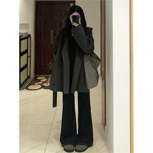 灰色双面羊绒呢大衣女冬季小个子短款2025新款宽松中长款毛呢外套