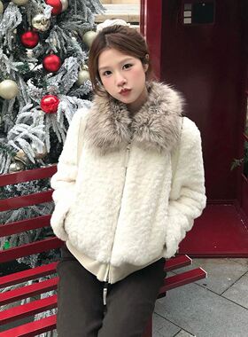 韩系大毛领白色羊羔毛外套女短款加厚环保皮草毛毛上衣