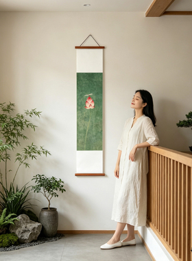 夜笛 禅意荷花卷轴挂画新中式意境莲花装饰画客厅书房茶室壁画
