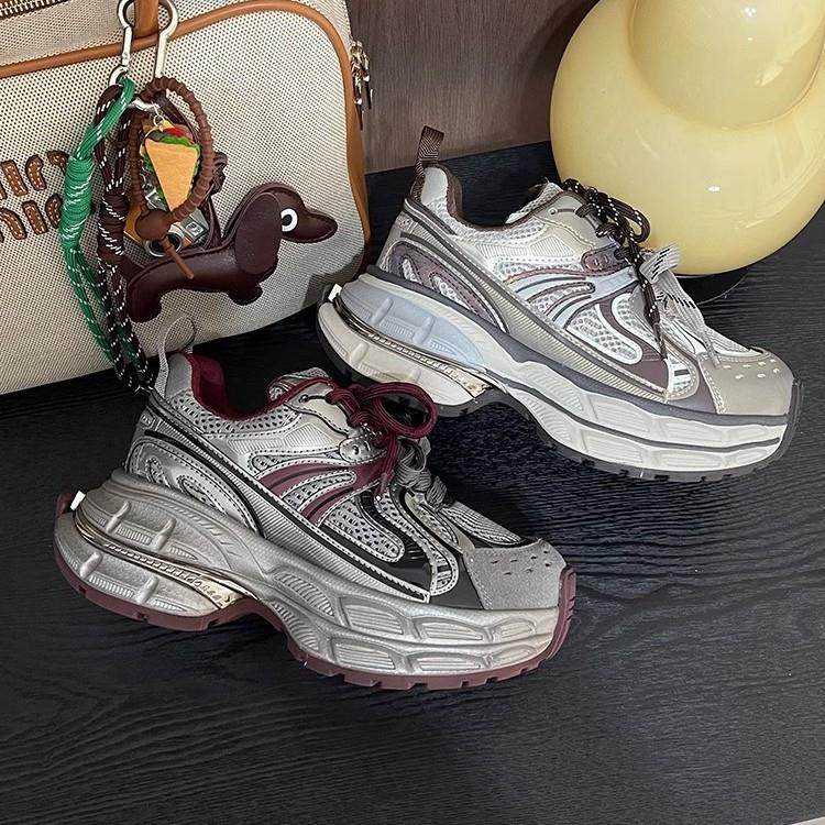 拼色休闲老爹鞋女2025春季款真皮网面透气舒适厚底增高运动跑步鞋