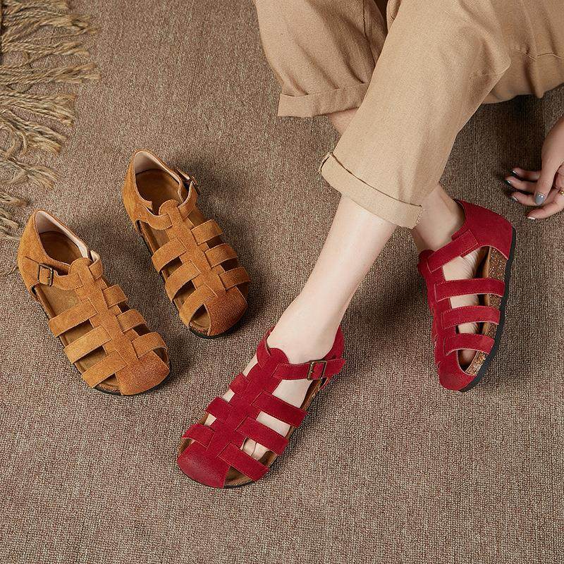 2025新款真皮复古包头罗马凉鞋女平底厚底牛皮编织BO肯女鞋,女鞋,时装凉鞋,淘宝优惠券,粉丝福利购,淘宝优惠卷