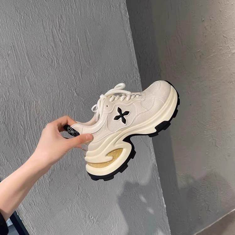 增高7.5cm~真皮十字花厚底老爹鞋女春季新款透气跑步鞋休闲运动鞋