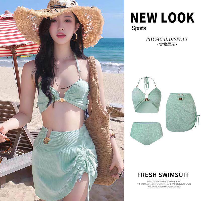 2025新款分体三件套比基尼性感度假温泉泳装高级感丝绒薄荷绿ins