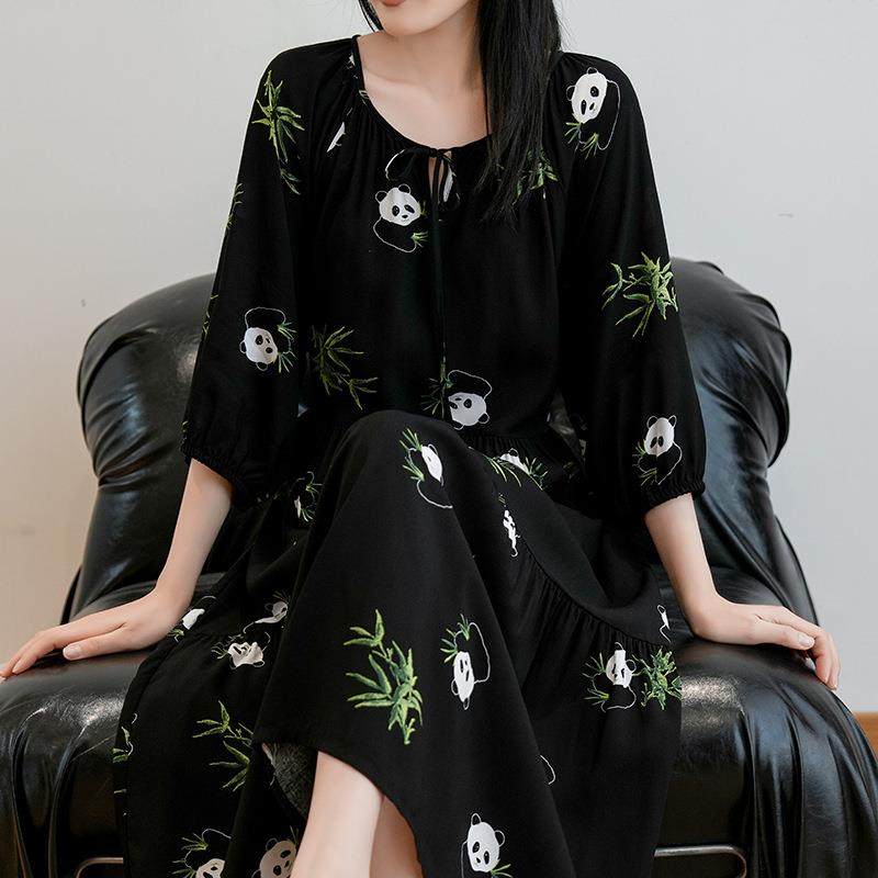 新中式国风熊猫印花棉绸睡裙女春秋新款家居服大码休闲连衣裙外穿,女士内衣/男士内衣/家居服,睡裙,淘宝优惠券,粉丝福利购,淘宝优惠卷