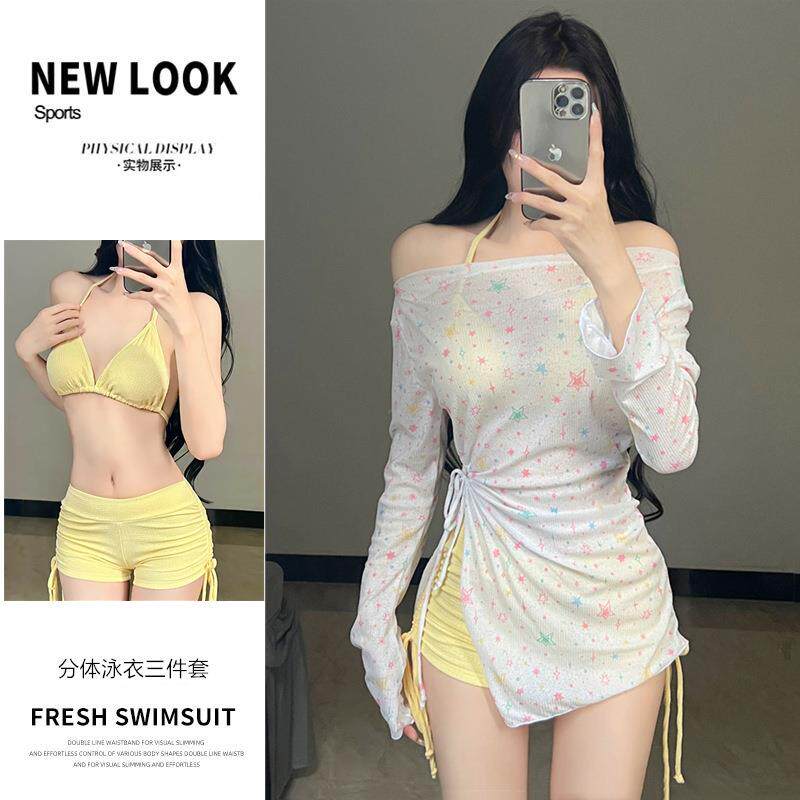 2025新款泳衣女款分体长袖防晒小清新甜美纯欲风沙滩三件套游泳衣