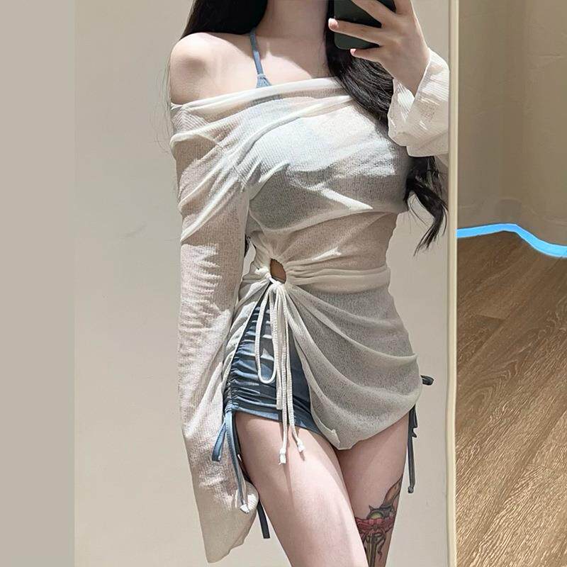 泳衣女款蓝色扎染分体比基尼罩衫性感纯欲风女士泡温泉泳装三件套