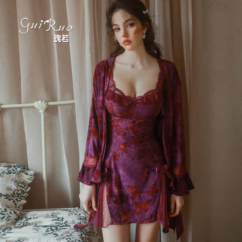 顺滑冰丝蝴蝶印花内衣深V聚拢加胸垫诱惑睡裙外袍套装QJ5286,女士内衣/男士内衣/家居服,睡袍/浴袍,淘宝优惠券,粉丝福利购,淘宝优惠卷