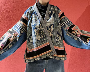 民族风手工老蜡染割绒外套